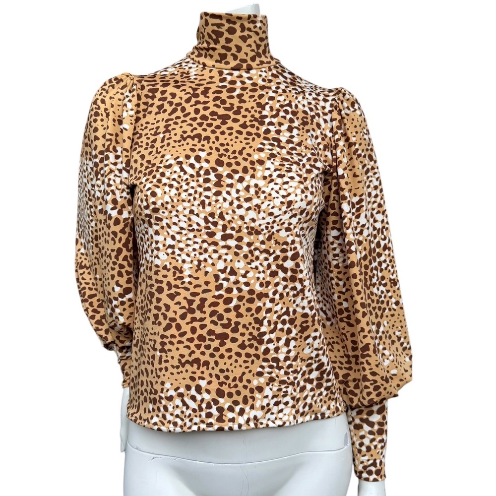 Deborah Korosec Leopard Print Mock Neck Puff Sleeve Blouse Animal Print Tan M